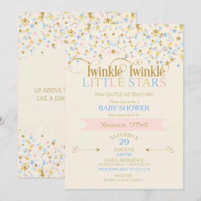 Invitation Twinkle Little Star Twins Baby shower rose & bleu (Devant / Derrière)