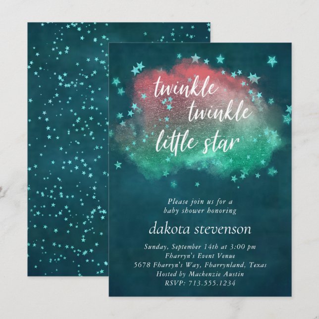 Invitation Twinkle Little Star | Vert menthe de corail Turquo (Devant / Derrière)