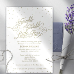 Invitation Twinkle Little Star Virtual Gold Baby shower blanc