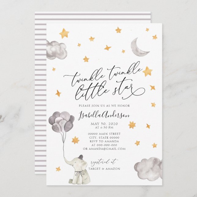 Invitation Twinkle Little Star Yellow Elephant Baby shower (Devant / Derrière)