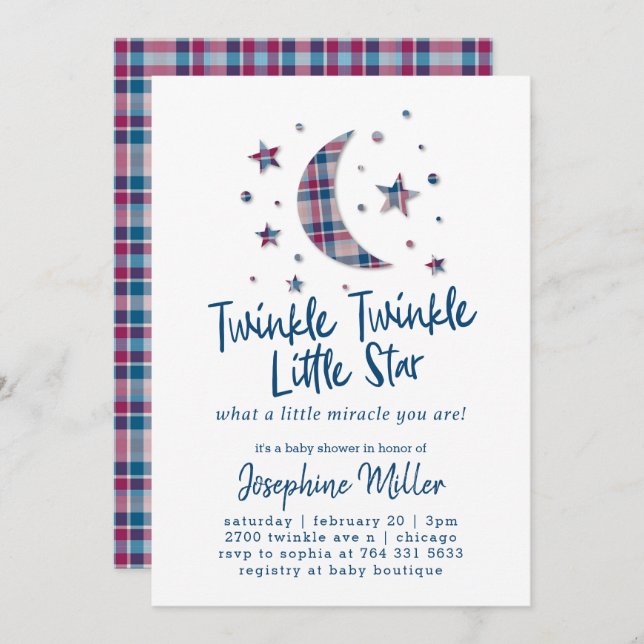 Invitation Twinkle Little Stars Plaid Baby shower (Devant / Derrière)