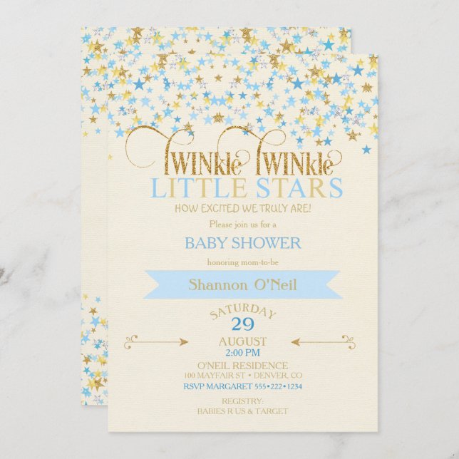 Invitation TWINkle Little Stars Twin Baby Boys Gold Blue (Devant / Derrière)