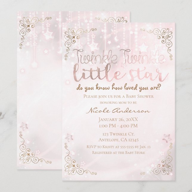 Invitation Twinkle petit Baby shower Star Pink Gold Sparkle (Devant / Derrière)
