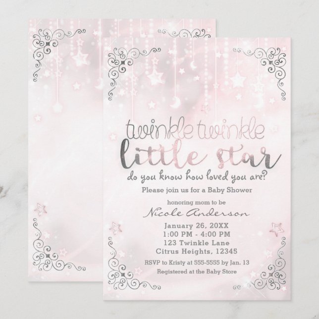 Invitation Twinkle petit Baby shower Star Rose & Silver (Devant / Derrière)