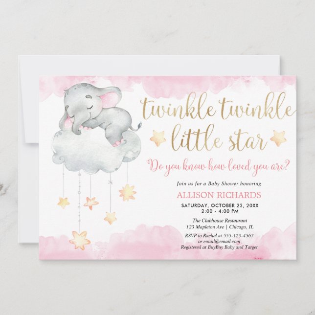 Invitation Twinkle scintille petit baby shower d'or rose étoi (Devant)