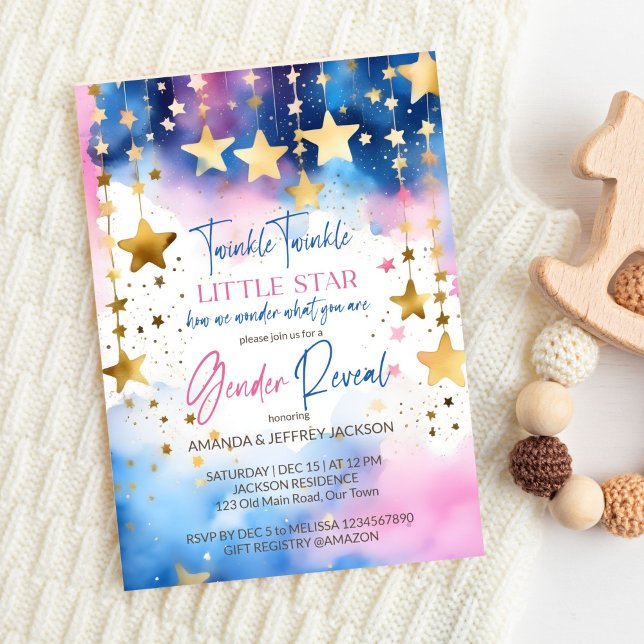 Invitation Twinkle scintillement petit star genre révéler (Twinkle twinkle little star gender reveal editable template invitation digital download gold stars)