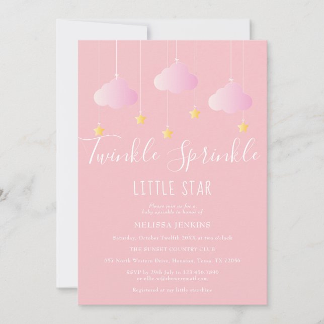 Invitation Twinkle Sprinkle Little Star Baby Girl Douche rose (Devant)