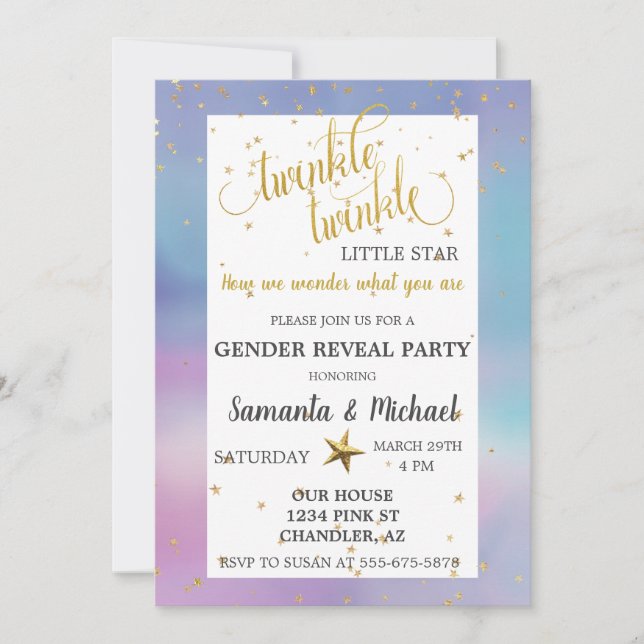 Invitation Twinkle Star Aquarelle Gold Genre Revevela Party (Devant)