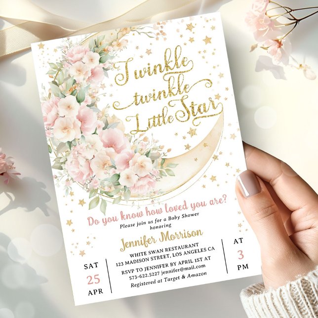 Invitation Twinkle Star Moon Baby Shower Fille Rose  (Créateur téléchargé)