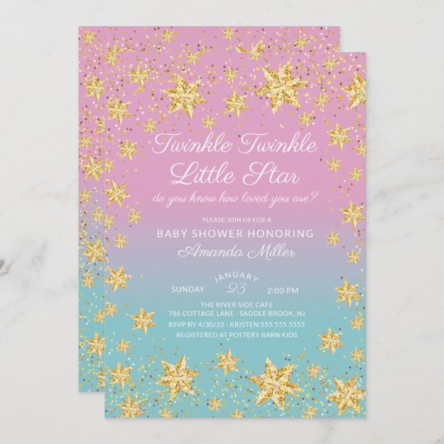 Invitation Twinkle Star rose & Baby shower bleu (Devant / Derrière)