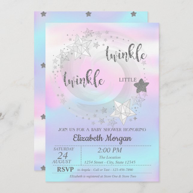 Invitation Twinkle Star Silver HolographeBaby Shower Invitati (Devant / Derrière)