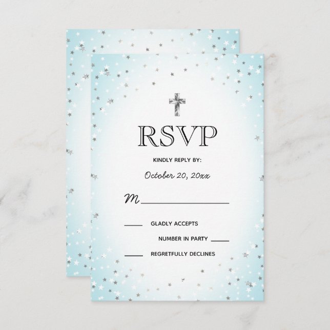 Invitation Twinkle Stars et Cross Blue Baby Boy Baptism RSVP (Devant / Derrière)