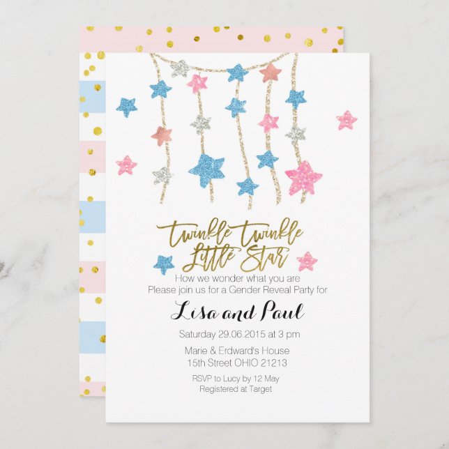 Invitation Twinkle Stars Girl or Boy Genre Reveillez invitati (Devant / Derrière)