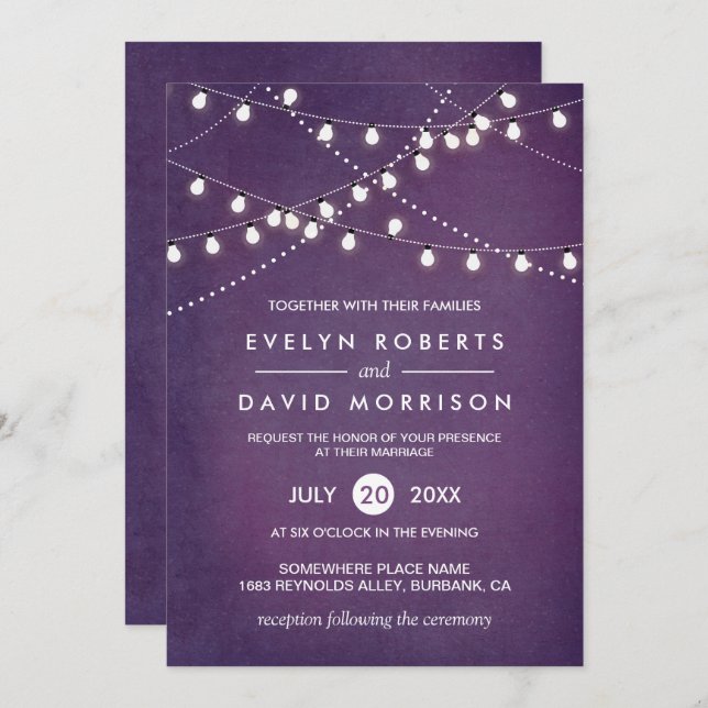 Invitation Twinkle String Lumières foncé violet Mariage extér (Devant / Derrière)
