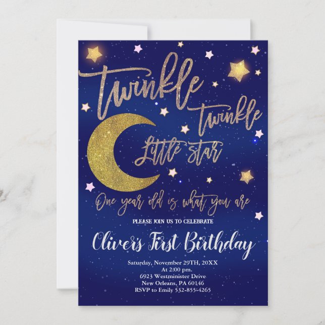 Invitation Twinkle Twinkle Anniversaire, Lune et Étoiles Anni (Devant)
