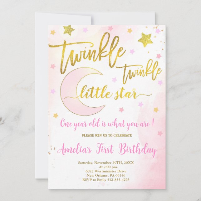 Invitation Twinkle Twinkle Anniversaire, Lune et Étoiles Anni (Devant)