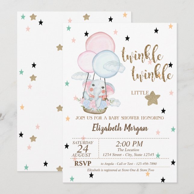 Invitation Twinkle Twinkle, Baby shower de ballons éléphants (Devant / Derrière)