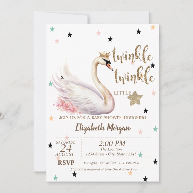 Invitation Twinkle Twinkle, Baby shower de fleurs de cygne (Devant)