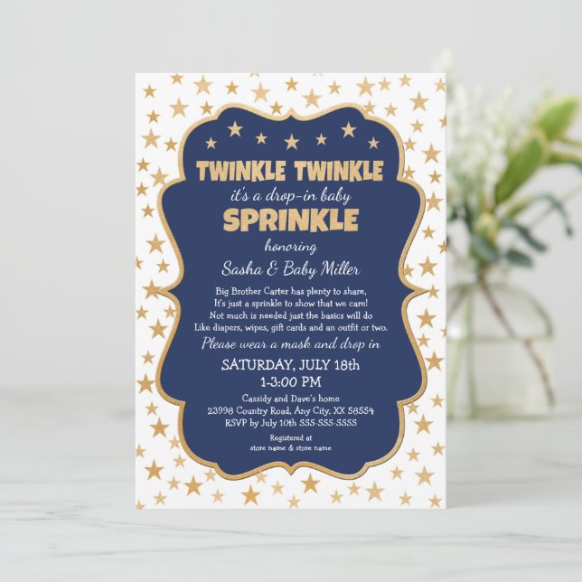 Invitation Twinkle Twinkle Drop in Navy Gold Baby Sprinkle (Debout devant)