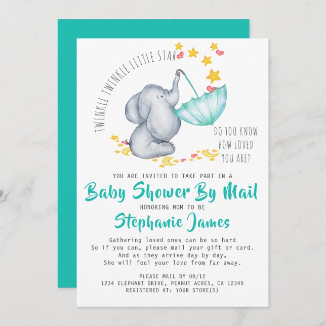 Invitation Twinkle Twinkle Elephant Baby shower par courrier (Devant / Derrière)