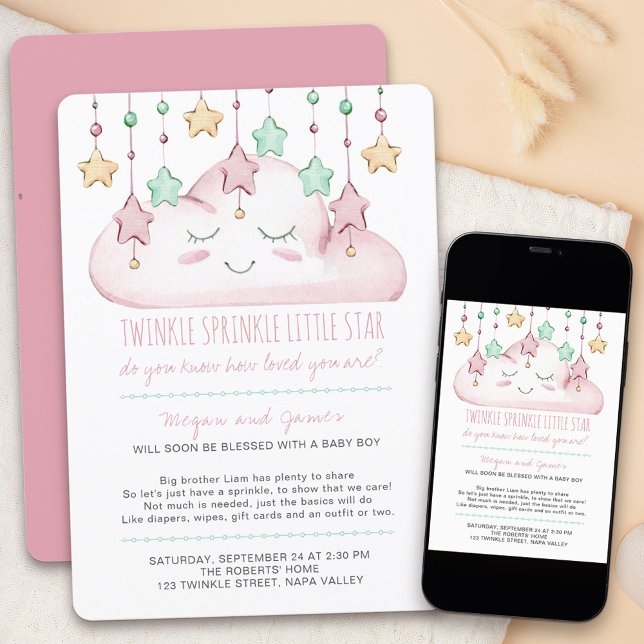 Invitation Twinkle Twinkle Étoiles et Nuage Bébé Sprinkle (Twinkle twinkle little star baby sprinkle invitation for a baby girl)