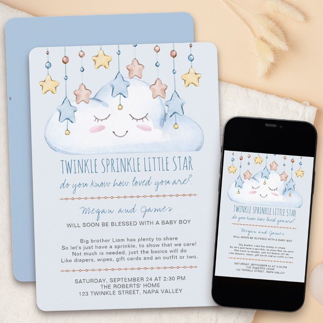 Invitation Twinkle Twinkle Étoiles et Nuage Bébé Sprinkle (Twinkle twinkle little star baby sprinkle invitation for a baby boy)