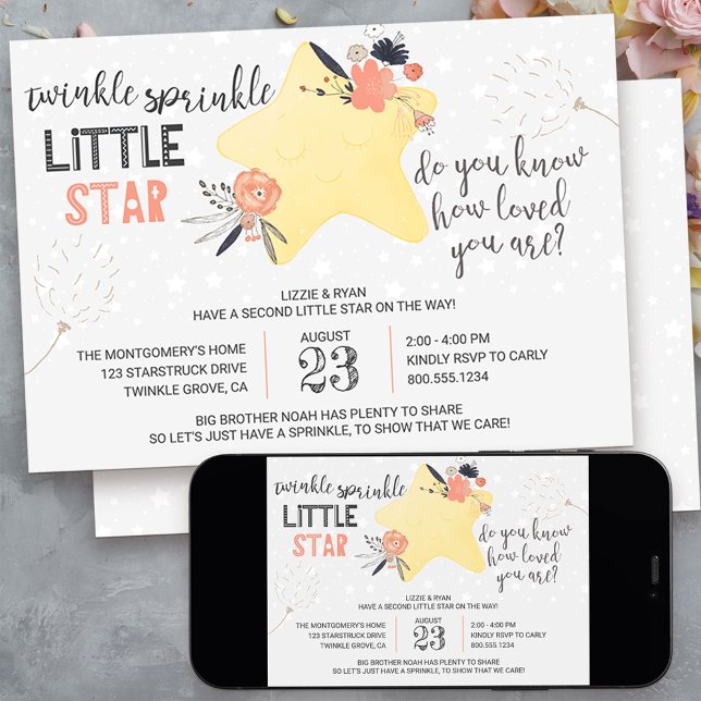 Invitation Twinkle Twinkle Fleur Star Bébé Sprinkle (twinkle twinkle little star baby sprinkle invitation - message me to create additional templates)