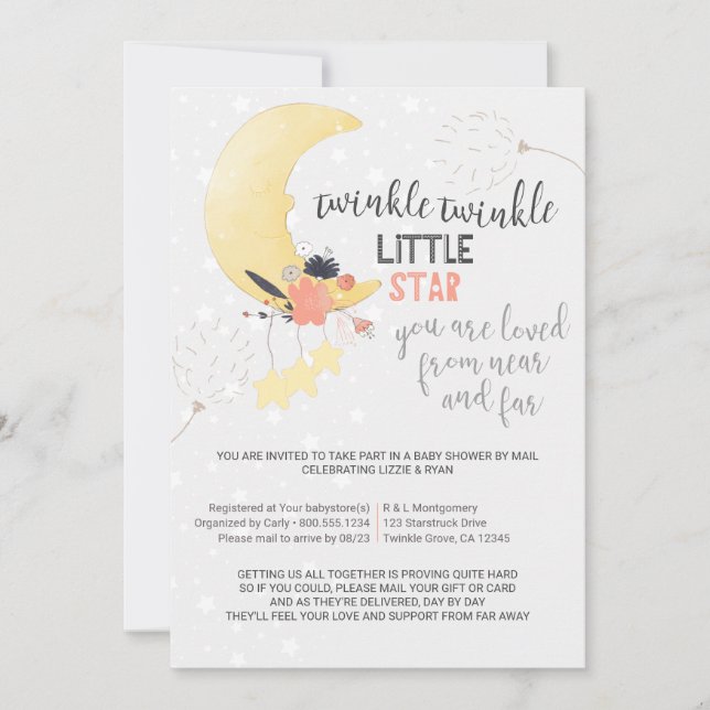 Invitation Twinkle Twinkle Floral Moon Baby shower par courri (Devant)