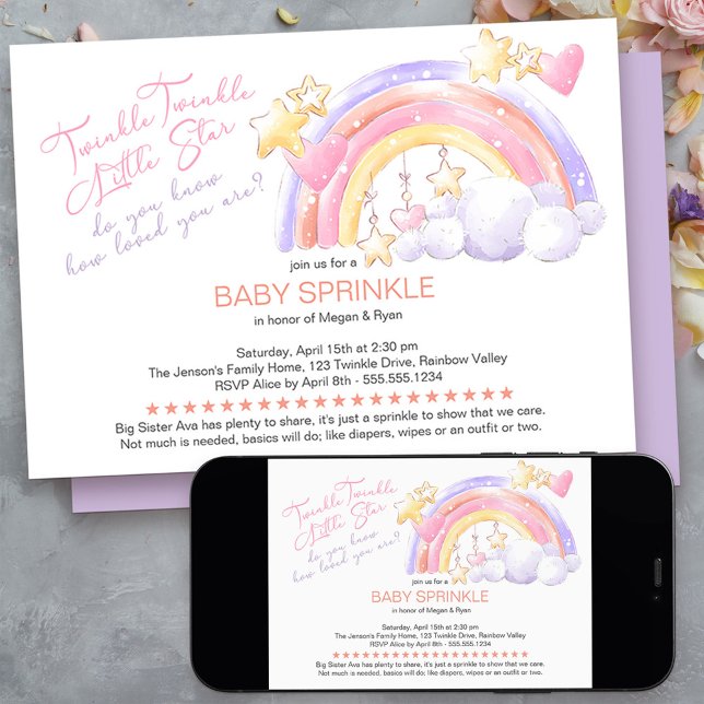 Invitation Twinkle Twinkle Joli Arc-en-ciel Bébé Sprinkle (twinkle twinkle little star baby sprinkle invitation - message me to create additional templates)