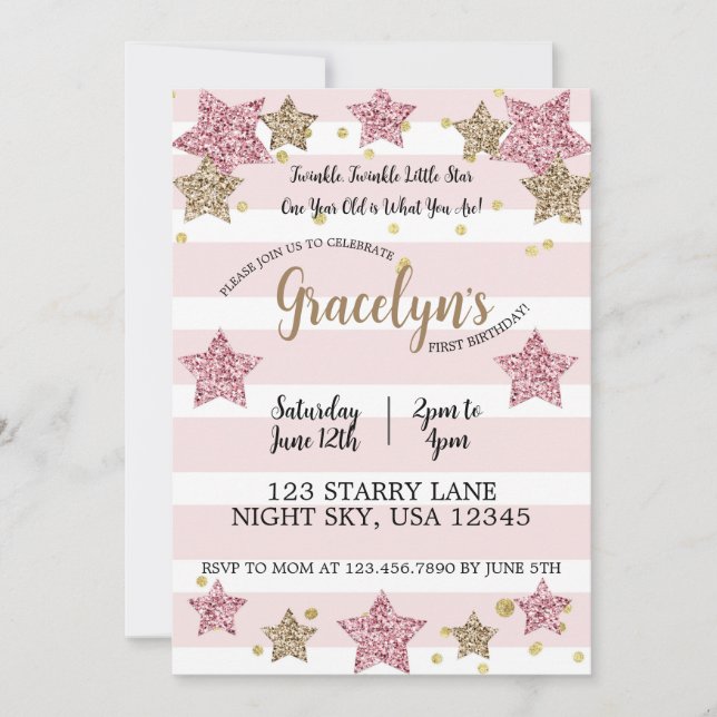 Invitation Twinkle Twinkle Little Star 1er anniversaire Pink  (Devant)