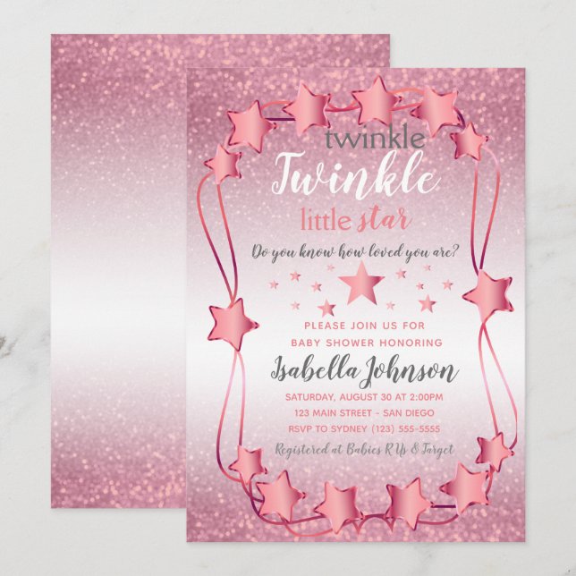 Invitation Twinkle Twinkle Little Star - Baby Girl Douche (Devant / Derrière)