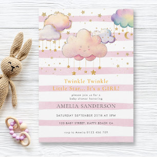 Invitation Twinkle Twinkle Little Star Baby Girl Douche rose