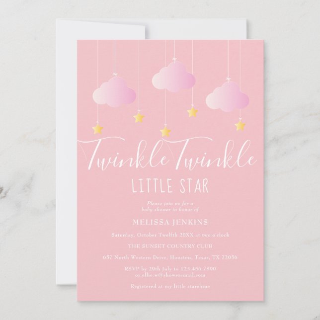 Invitation Twinkle Twinkle Little Star Baby Girl Douche rose (Devant)