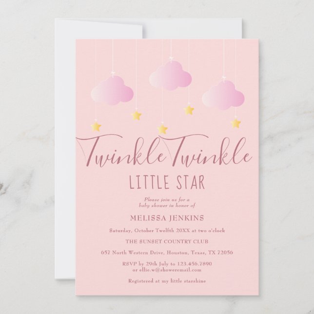 Invitation Twinkle Twinkle Little Star Baby Girl Douche rose (Devant)