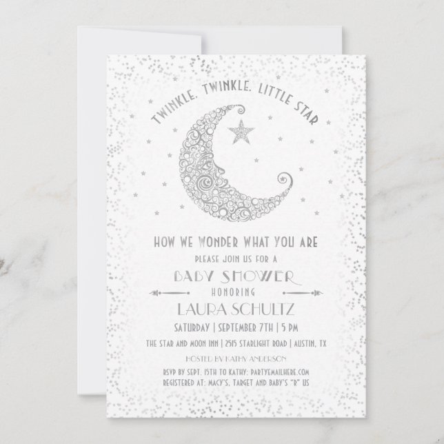 Invitation Twinkle Twinkle Little Star Baby Shower Argent (Devant)