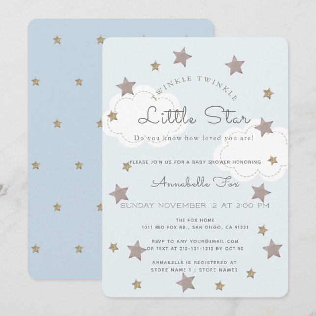 Invitation Twinkle Twinkle Little Star Baby shower bleu (Devant / Derrière)