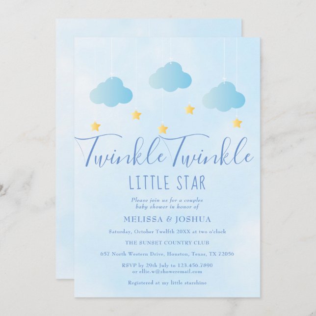 Invitation Twinkle Twinkle Little Star Baby shower bleu garço (Devant / Derrière)