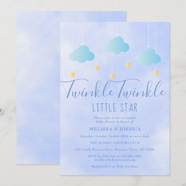 Invitation Twinkle Twinkle Little Star Baby shower bleu garço (Devant / Derrière)