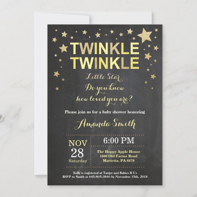 Invitation Twinkle Twinkle Little Star Baby Shower Jaune (Devant)