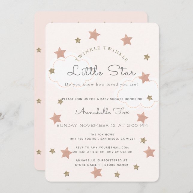 Invitation Twinkle Twinkle Little Star Baby shower rose (Devant / Derrière)