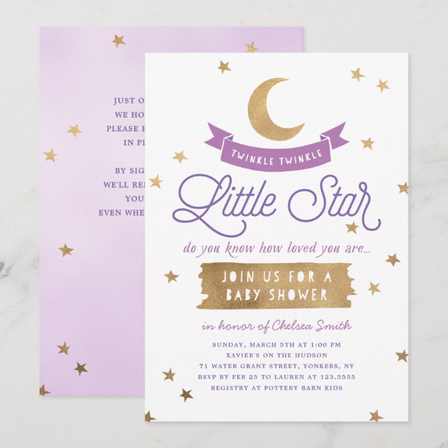 Invitation Twinkle Twinkle Little Star| Baby shower| Violet (Devant / Derrière)