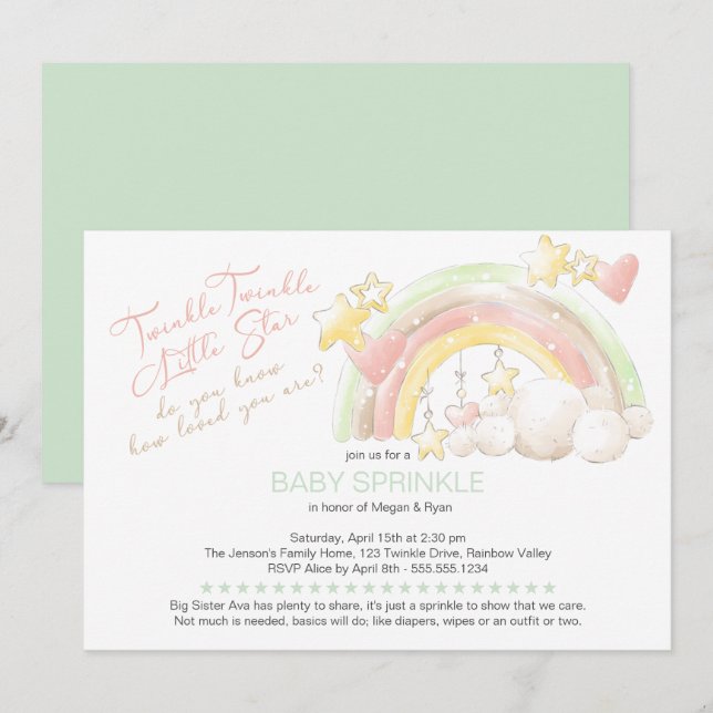 Invitation Twinkle Twinkle Little Star Bébé Arc-en-ciel Sprin (Devant / Derrière)