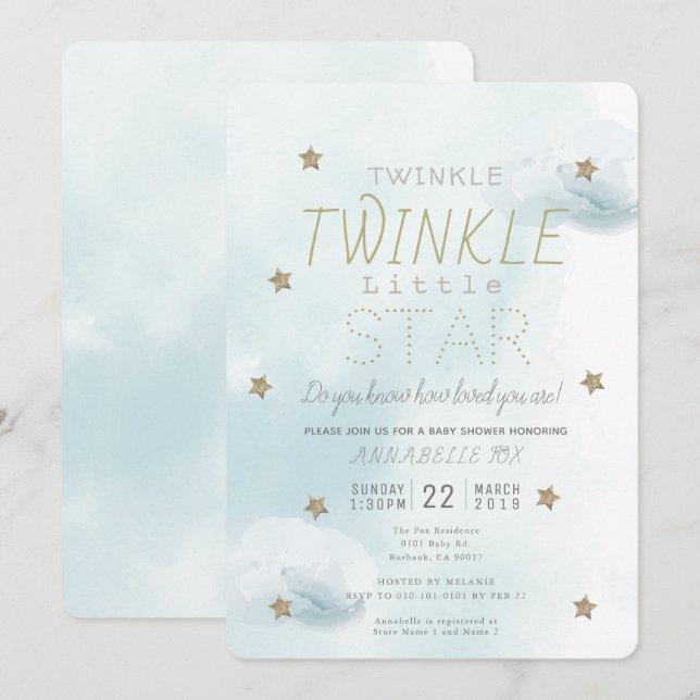 Invitation Twinkle Twinkle Little Star Blue Boy Baby shower (Devant / Derrière)