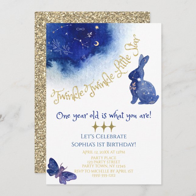 Invitation Twinkle Twinkle Little Star Blue Gold Aquarelle (Devant / Derrière)