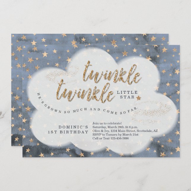 Invitation Twinkle Twinkle Little Star Boys Premier anniversa (Devant / Derrière)