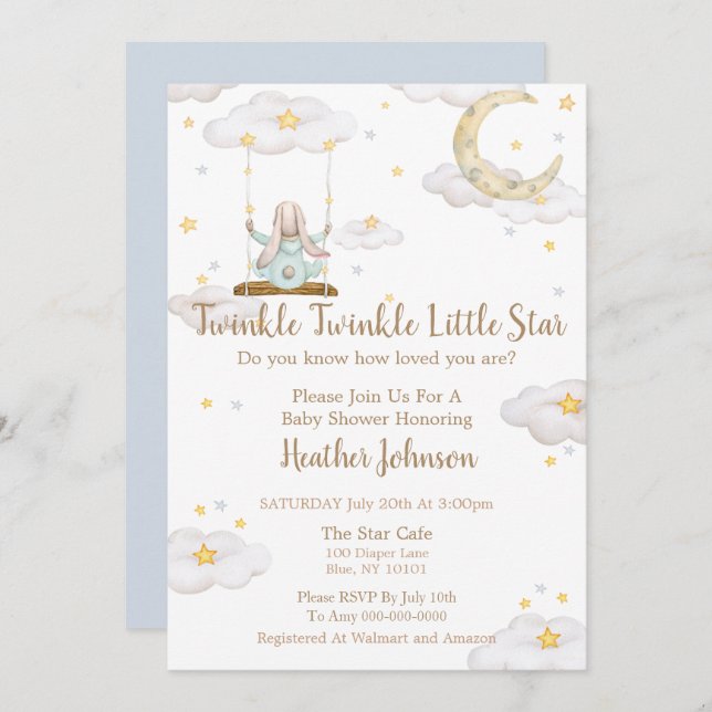 Invitation Twinkle Twinkle Little Star Bunny Baby shower (Devant / Derrière)