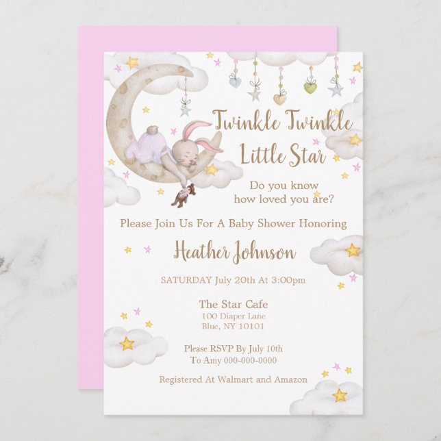 Invitation Twinkle Twinkle Little Star Bunny Baby shower (Devant / Derrière)