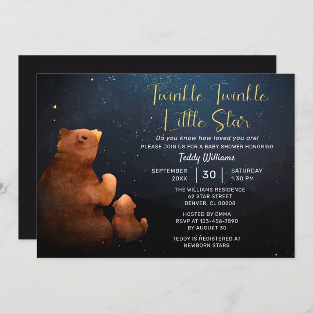 Invitation Twinkle Twinkle Little Star Cute Bear Baby shower (Devant / Derrière)