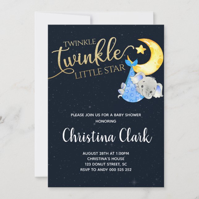 Invitation Twinkle Twinkle Little Star Elephant Baby shower (Devant)