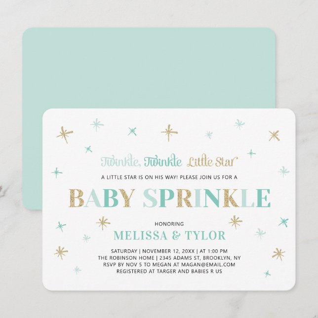 Invitation Twinkle Twinkle Little Star Mint Boy Baby Sprinkle (Devant / Derrière)